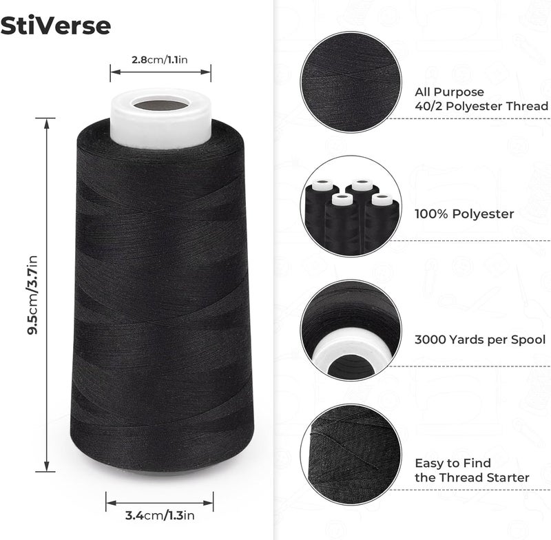 StiVerse Serger Thread 4 Cones 3000 Yards Each Spool All Purpose Polyester Thread 40S/2 for Sewing, Serger, Overlock, Quilting, Piecing - Black, HY1256 - Image 2